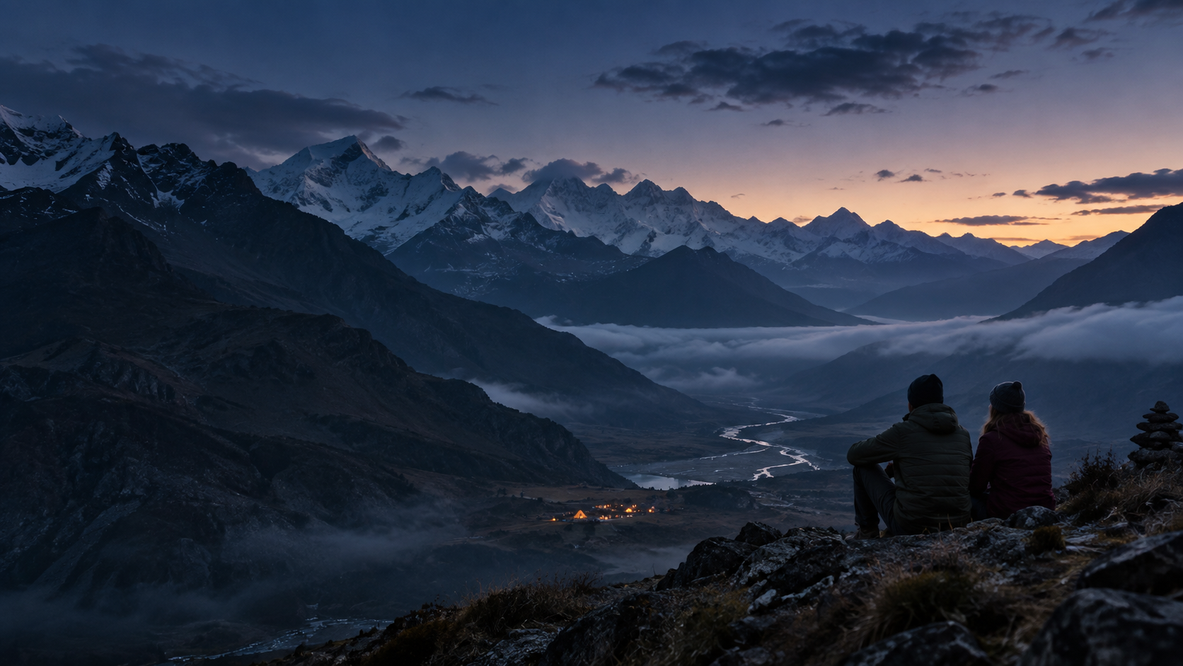 Two travellers watching the sunrise over a mountain valley